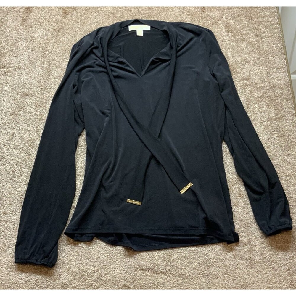 Michael Kors Blouse Shirt Large Tie Neck With Gold Accent